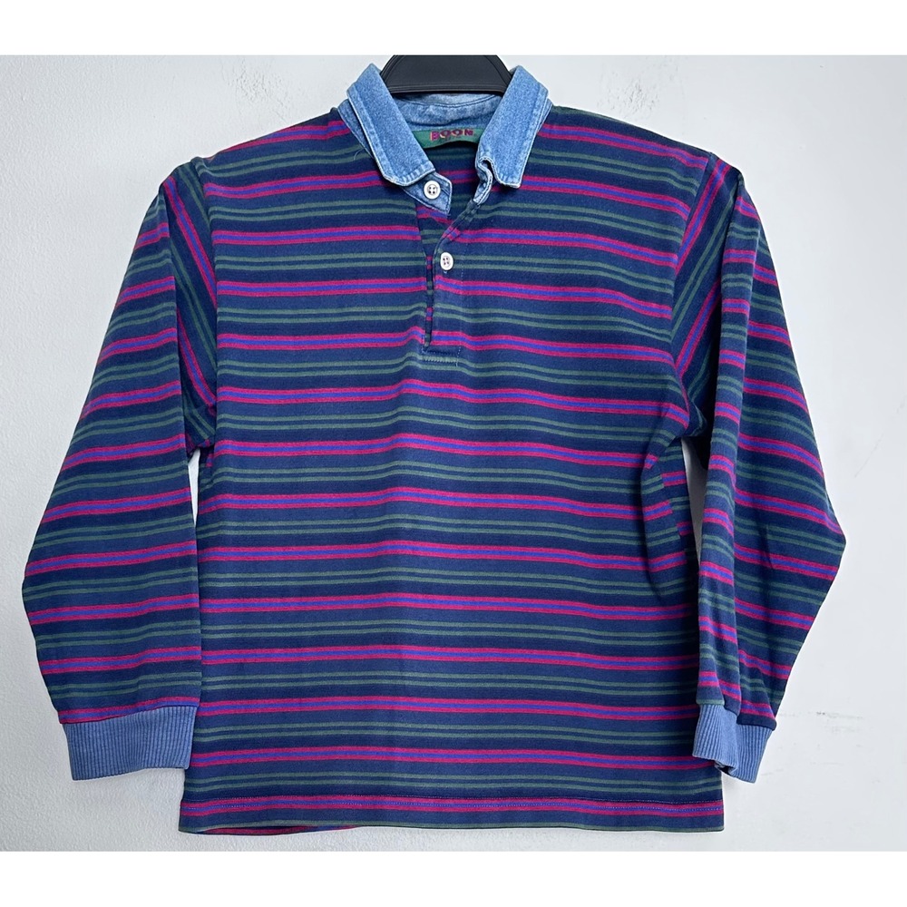 Vintage Boon Kids Striped Rugby Polo Shirt 10Y Denim Collar Navy Pink Green